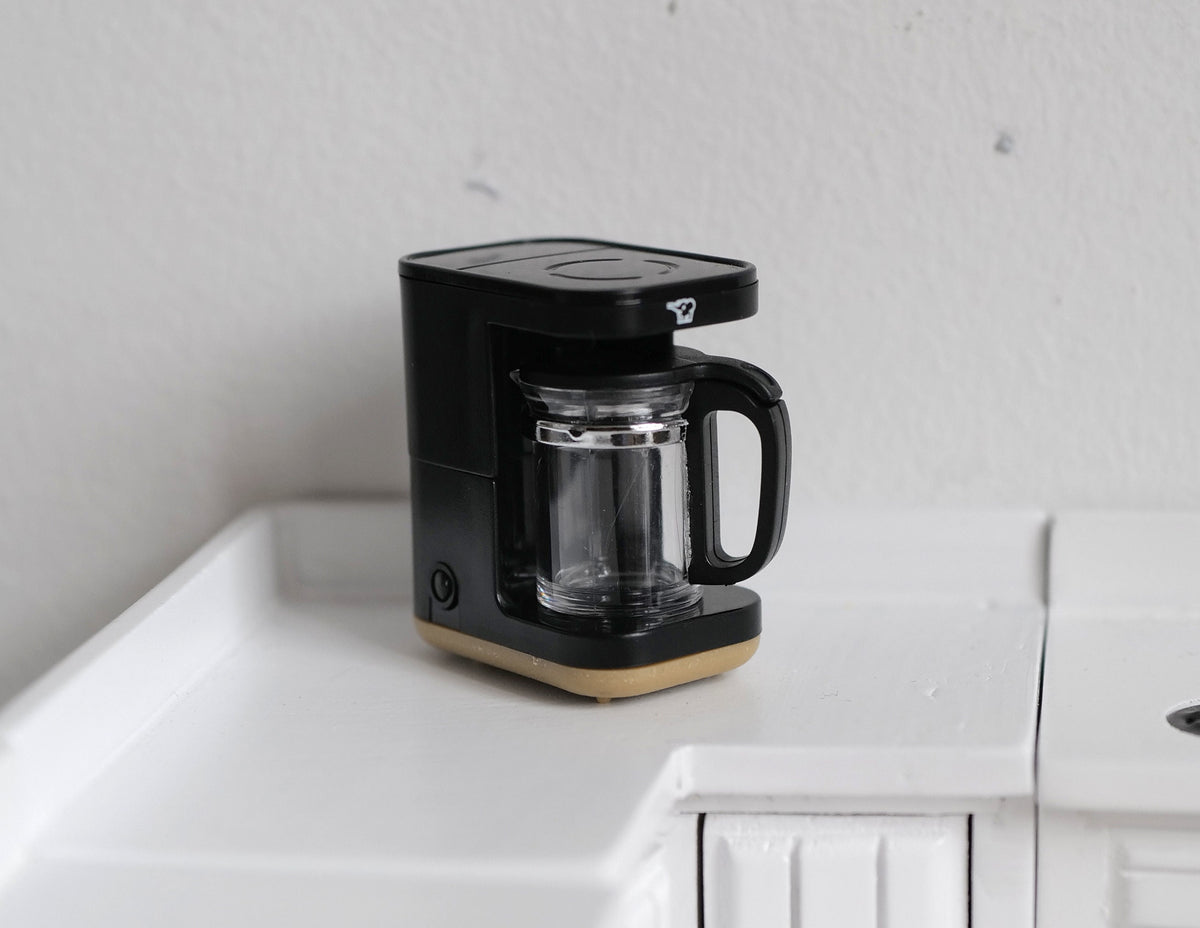 1:12 Scale Miniature Drip Coffee Maker with Glass Carafe, 1-7/16 inch tall, DIY Dollhouse Supply (black)