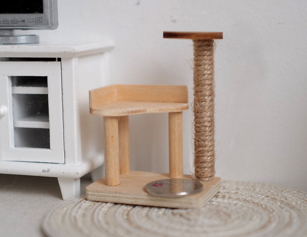 1:12 Scale Miniature Cat Tree with Scratching Pole, 2-11/16 inch tall, DIY Dollhouse Supply (wood)