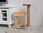 1:12 scale miniature wood cat tree with rope scratching pole, perch and metal bowl, shown on a round rug by a white cabinet