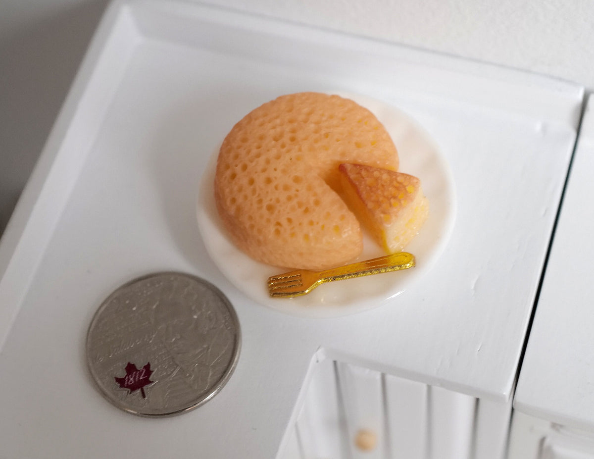1:12 Scale Miniature Cheesecake on Plate with Fork, 1-9/16 inch dia., DIY Dollhouse Supply (glued together)