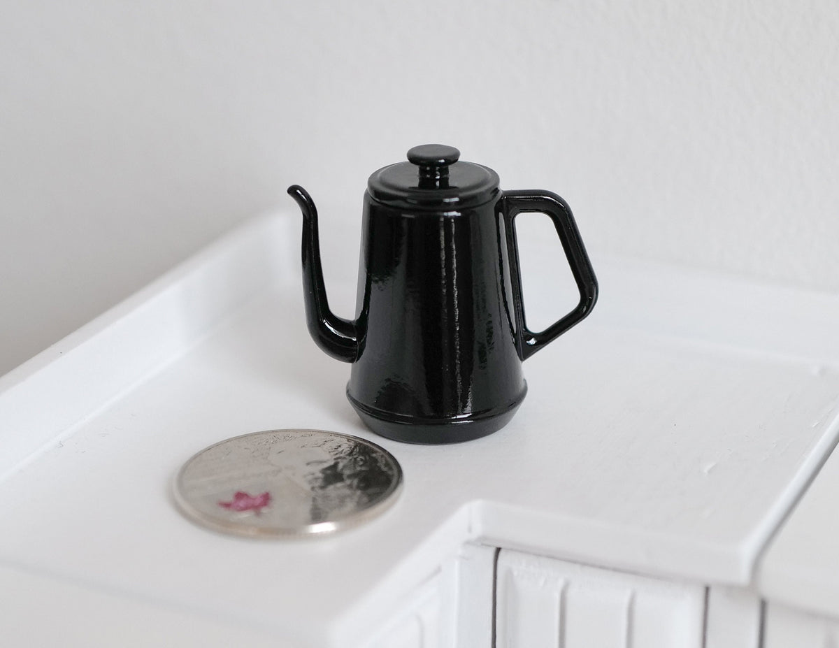 1:12 Scale Miniature Metal Gooseneck Kettle with Lid, 1-1/4 inch tall, DIY Dollhouse Supply (black)
