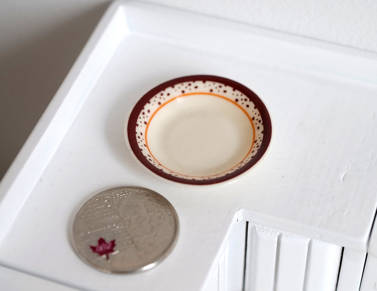 1:12 Scale Miniature Ceramic Shallow Bowl, Red Patterned Rim, 1-3/8 inch dia., DIY Dollhouse Supply (cream)