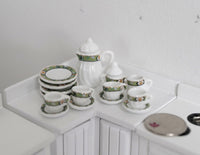 Dollhouse miniature porcelain ceramic teapot and cups 15 piece set top stripes- A057