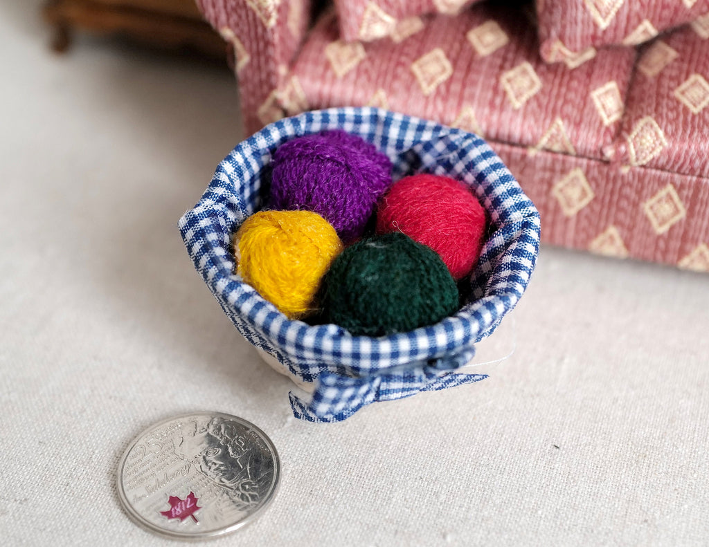 1:12 Scale Miniature Knitting Basket with Gingham Lining and Yarn Balls, 2-1/16 inch long, DIY Dollhouse Supply