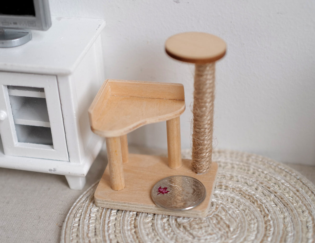 1:12 Scale Miniature Cat Tree with Scratching Pole, 2-11/16 inch tall, DIY Dollhouse Supply (wood)