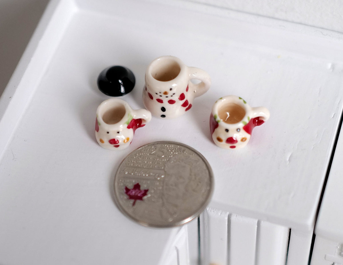 1:12 Scale Miniature Ceramic Christmas Snowman Jar with Top Hat Lid and 2 Mugs, Set of 3, 13/16 inch tall, DIY Dollhouse Supply