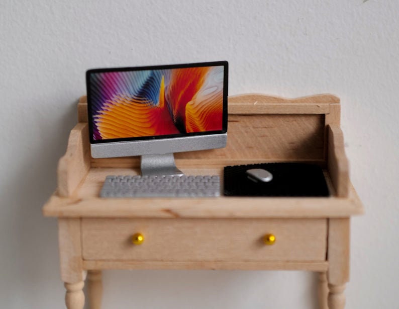 1:12 Scale Miniature Desktop Computer, Set of 3, Monitor, Keyboard and Mouse, 1-1/2 inch tall, DIY Dollhouse Supply (black)