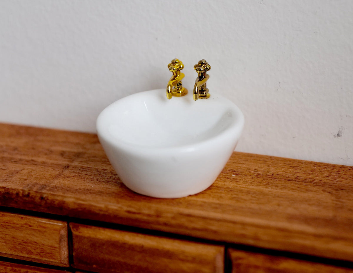 1:12 Scale Miniature Ceramic Bathroom Vessel Sink with Gold Faucet, 1-1/2 inch long, DIY Dollhouse Supply (round)