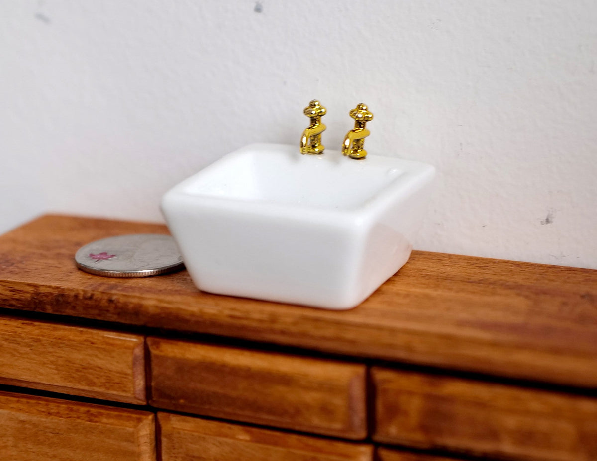 1:12 Scale Miniature Ceramic Bathroom Vessel Sink with Gold Faucet, 1-9/16 inch long, DIY Dollhouse Supply (square)