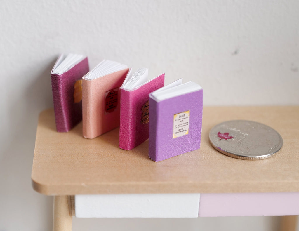 1:12 Scale Miniature Books That Open, Pastel Covers with Gold Emblems, Set of 4, 13/16 inch tall, DIY Dollhouse Supply