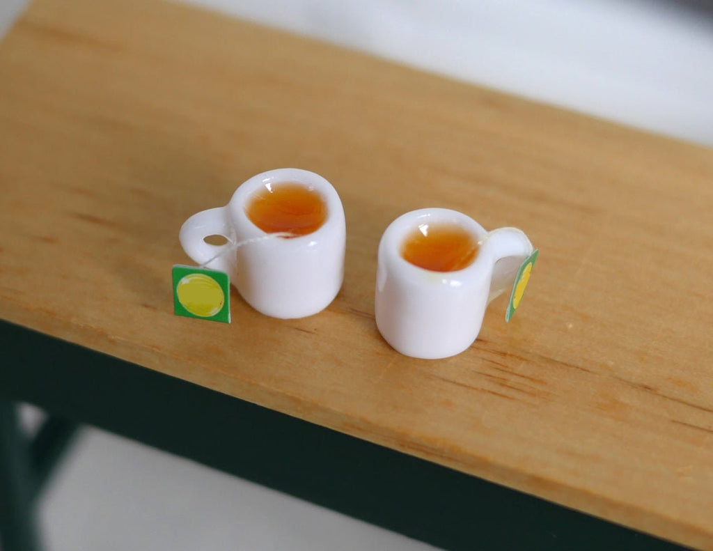 1:12 Scale Miniature Mugs of Tea with Tea Bags, Set of 2, 3/8 inch tall, DIY Dollhouse Supply