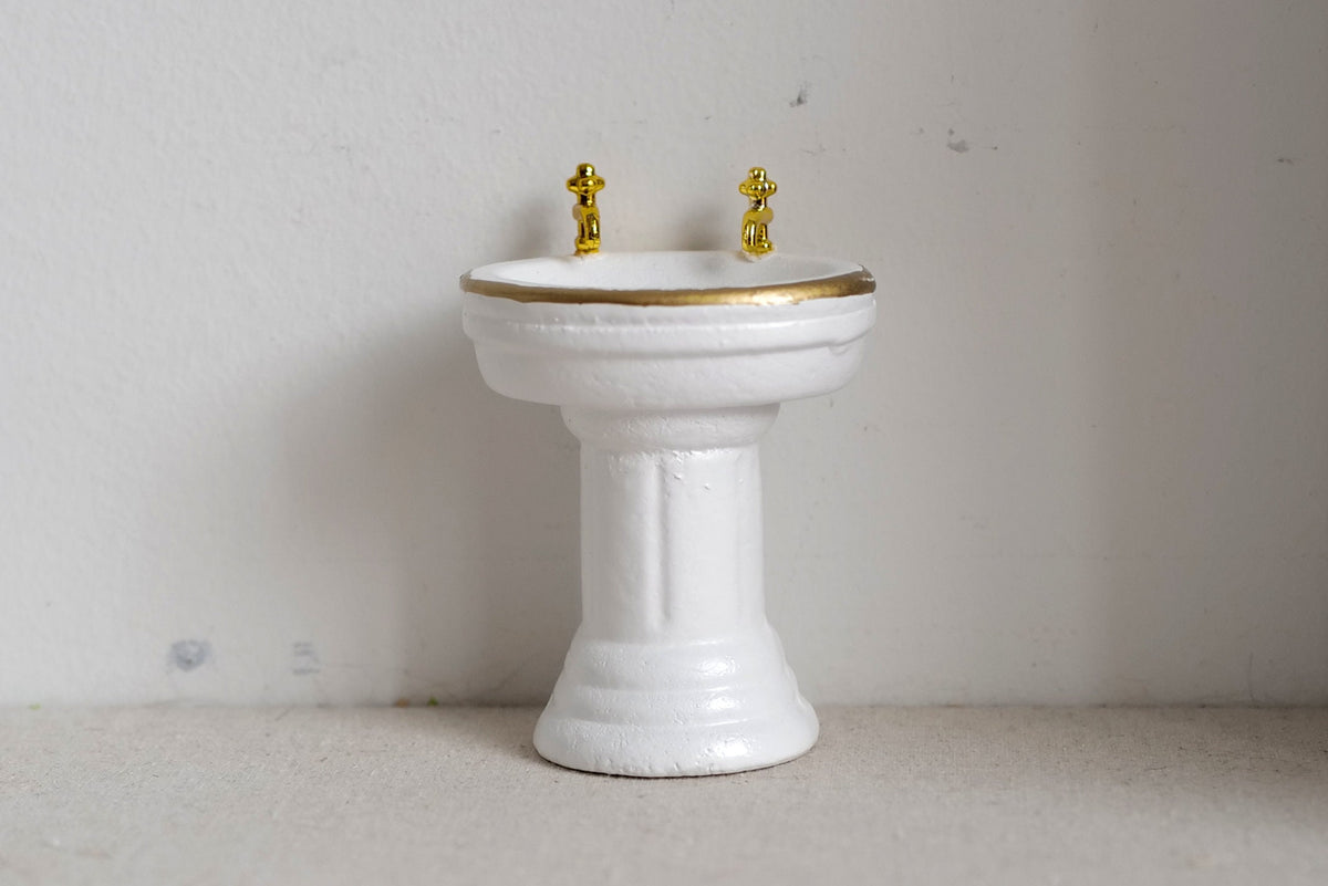 1:12 Scale Miniature Pedestal Sink with Gold Rim and Faucet, 3 inch tall, DIY Dollhouse Supply (wood) (white)