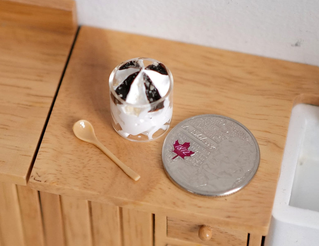 1:12 Scale Miniature Chocolate Ice Cream in Glass with Spoon, 9/16 inch tall, DIY Dollhouse Supply