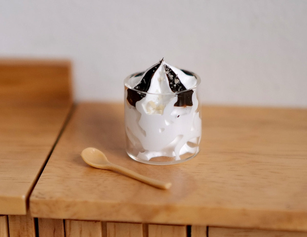 1:12 Scale Miniature Chocolate Ice Cream in Glass with Spoon, 9/16 inch tall, DIY Dollhouse Supply