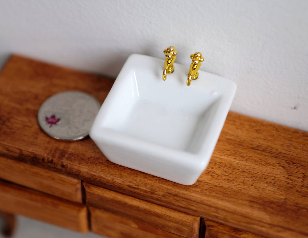 1:12 Scale Miniature Ceramic Bathroom Vessel Sink with Gold Faucet, 1-9/16 inch long, DIY Dollhouse Supply (square)