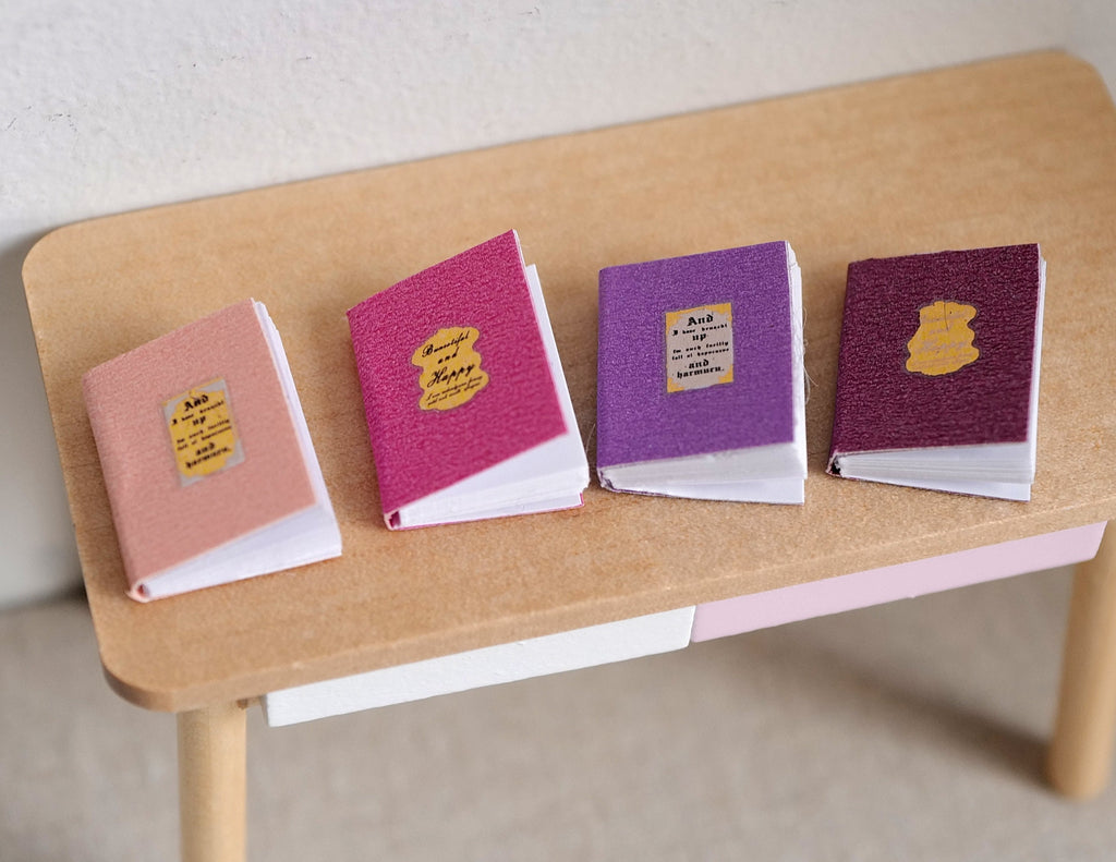 1:12 Scale Miniature Books That Open, Pastel Covers with Gold Emblems, Set of 4, 13/16 inch tall, DIY Dollhouse Supply