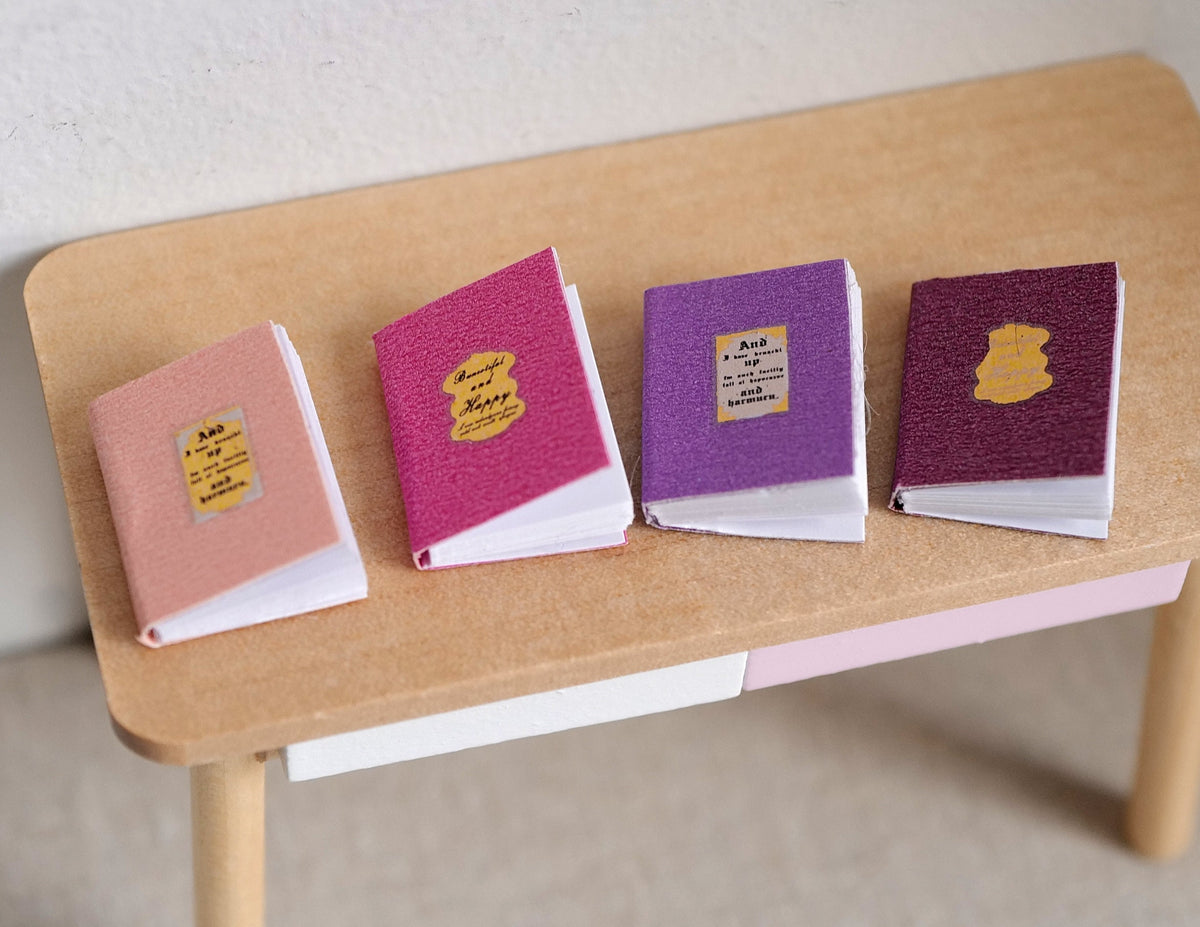 1:12 Scale Miniature Books That Open, Pastel Covers with Gold Emblems, Set of 4, 13/16 inch tall, DIY Dollhouse Supply