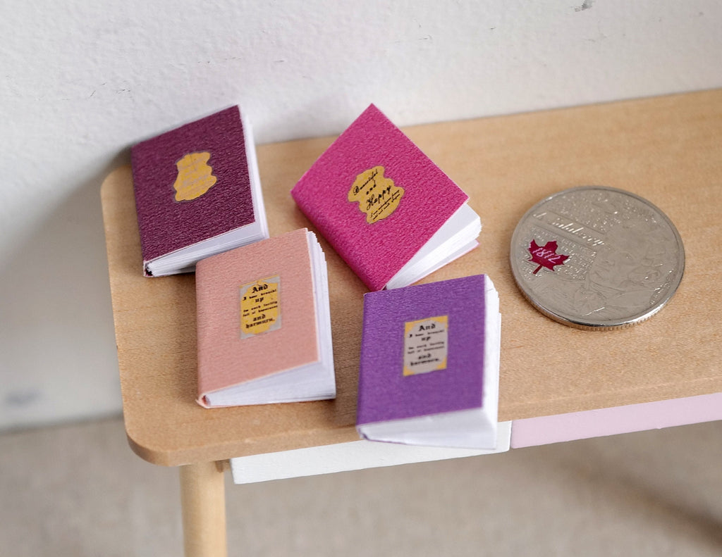 1:12 Scale Miniature Books That Open, Pastel Covers with Gold Emblems, Set of 4, 13/16 inch tall, DIY Dollhouse Supply