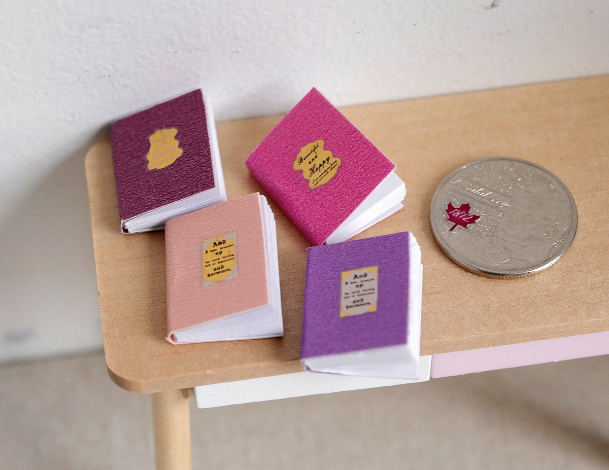 1:12 Scale Miniature Books That Open, Pastel Covers with Gold Emblems, Set of 4, 13/16 inch tall, DIY Dollhouse Supply