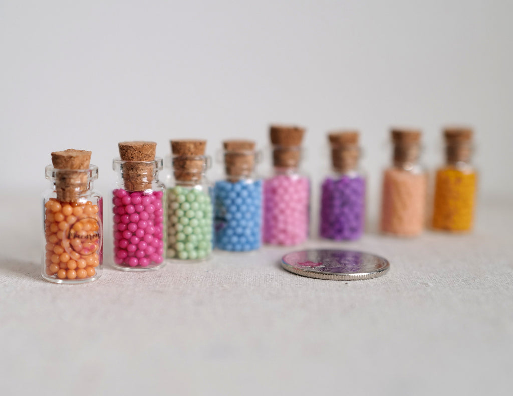 1:12 Scale Miniature Glass Spice Bottles with Corks, Filled, Set of 8, 1 inch tall, DIY Dollhouse Supply