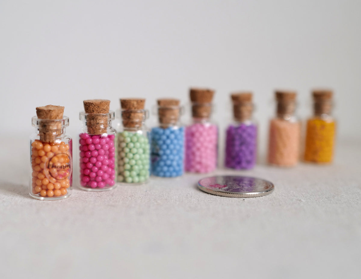 1:12 Scale Miniature Glass Spice Bottles with Corks, Filled, Set of 8, 1 inch tall, DIY Dollhouse Supply
