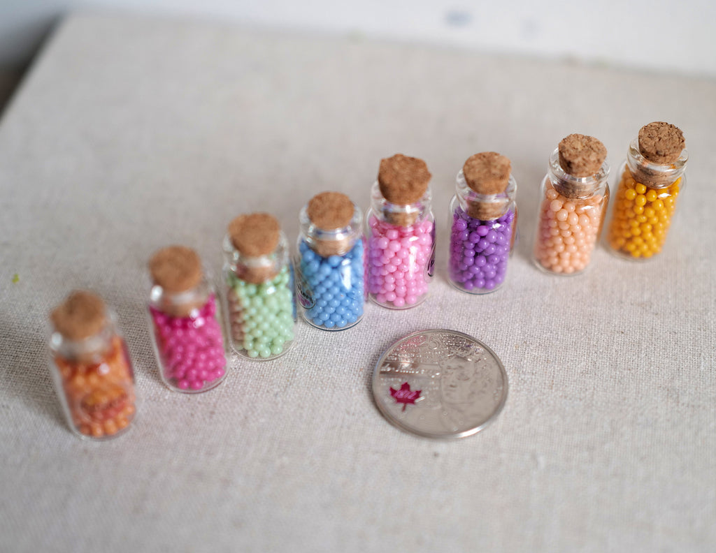 1:12 Scale Miniature Glass Spice Bottles with Corks, Filled, Set of 8, 1 inch tall, DIY Dollhouse Supply
