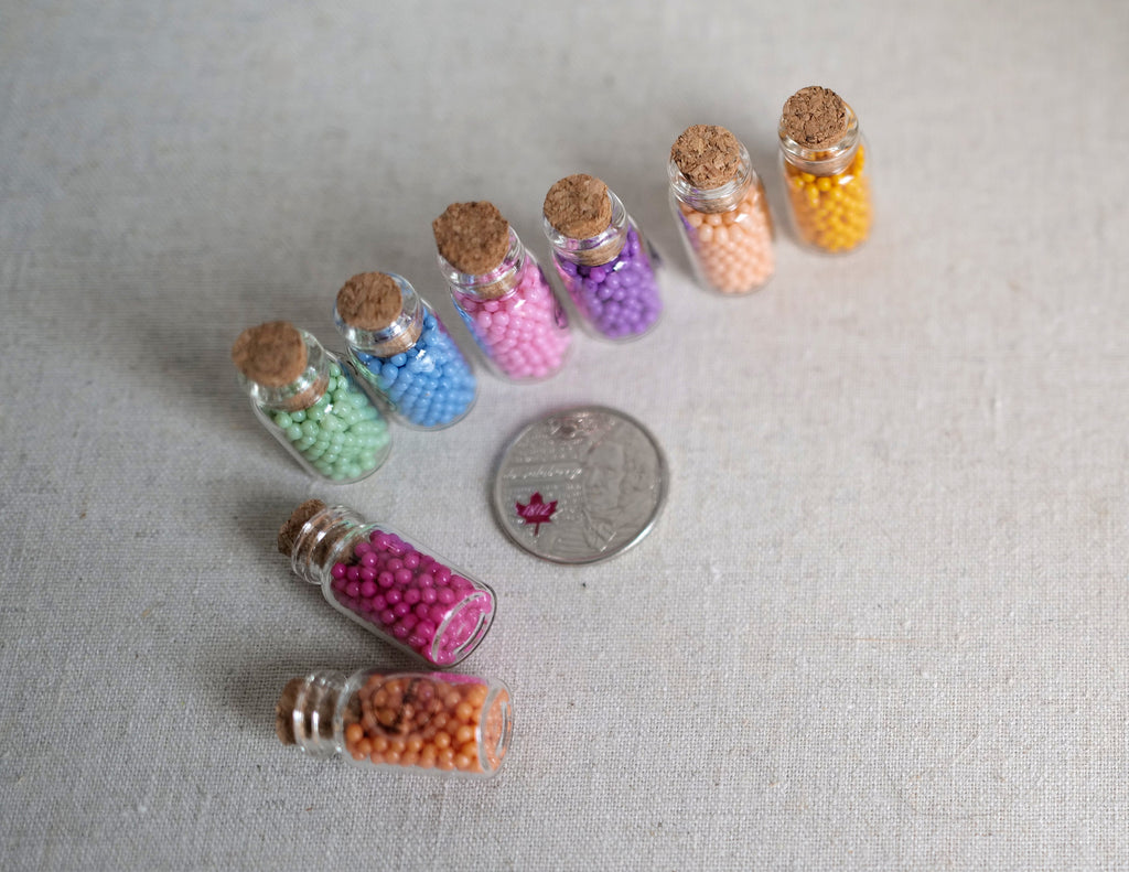 1:12 Scale Miniature Glass Spice Bottles with Corks, Filled, Set of 8, 1 inch tall, DIY Dollhouse Supply