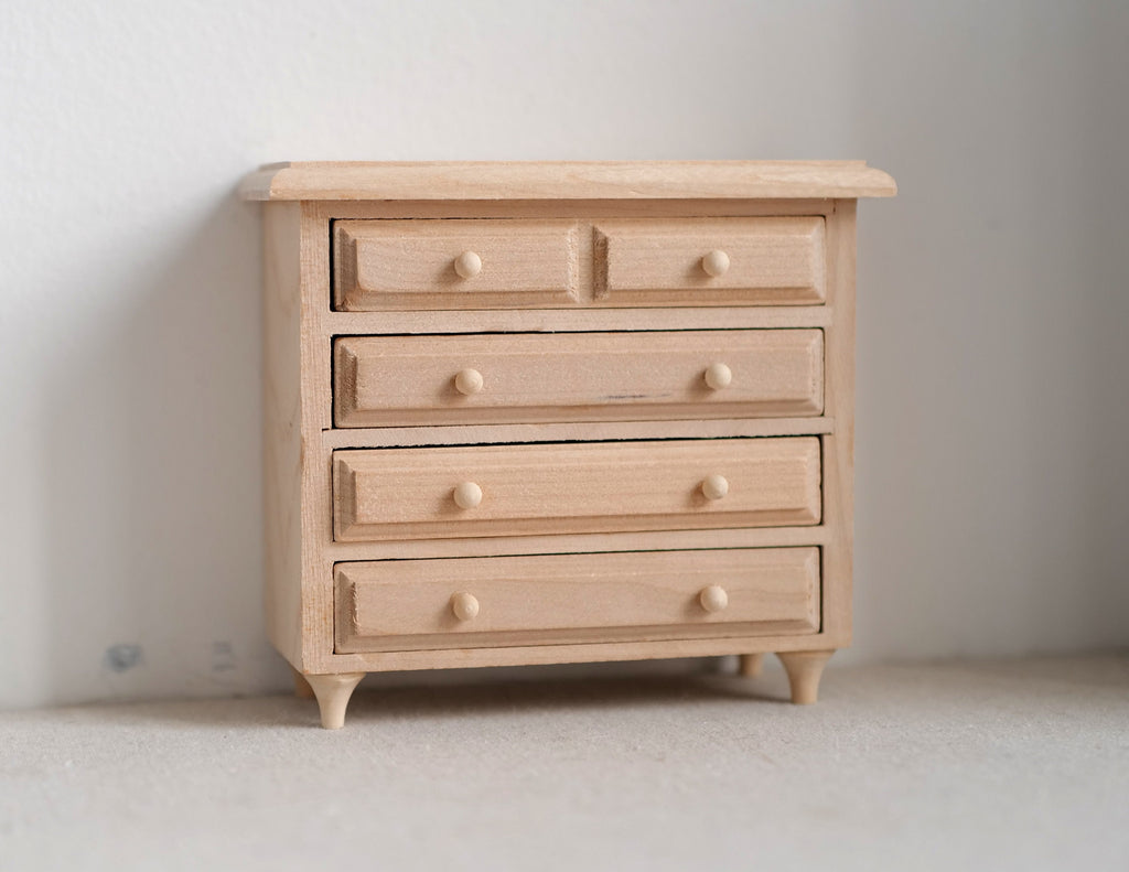 1:12 Scale Miniature Unpainted Wood Chest of Drawers, 3-3/8 inch tall, DIY Dollhouse Supply