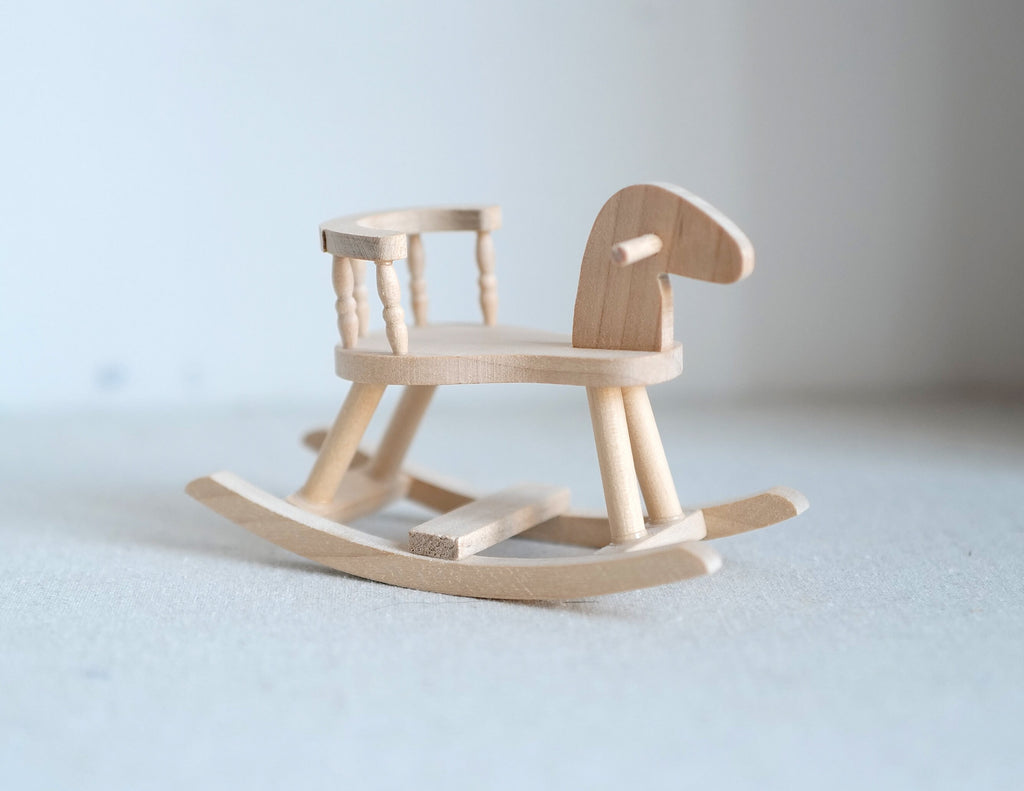 1:12 Scale Miniature Unpainted Wood Rocking Horse with Seat and Handle, 2-5/16 inch tall, DIY Dollhouse Supply