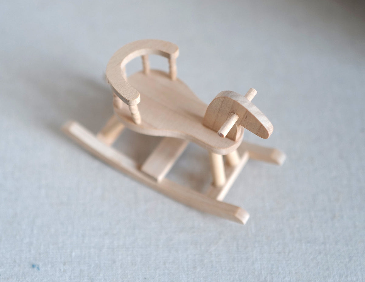 1:12 Scale Miniature Unpainted Wood Rocking Horse with Seat and Handle, 2-5/16 inch tall, DIY Dollhouse Supply