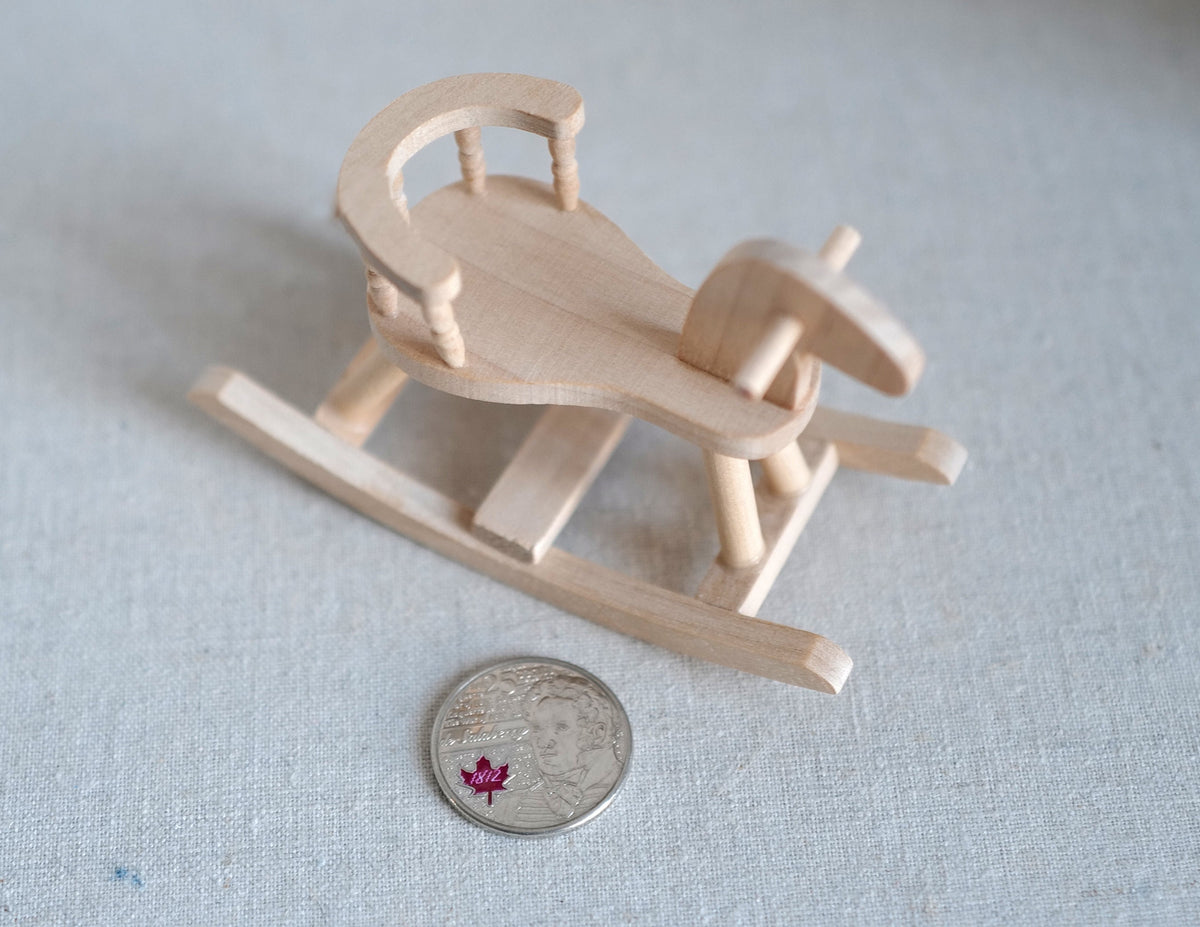 1:12 Scale Miniature Unpainted Wood Rocking Horse with Seat and Handle, 2-5/16 inch tall, DIY Dollhouse Supply