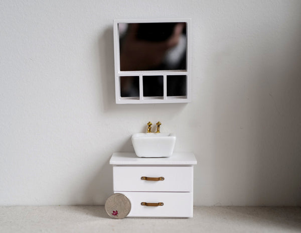 Dollhouse miniature bathroom ceramic sink drawer cabinet with gold style faucet and mirror