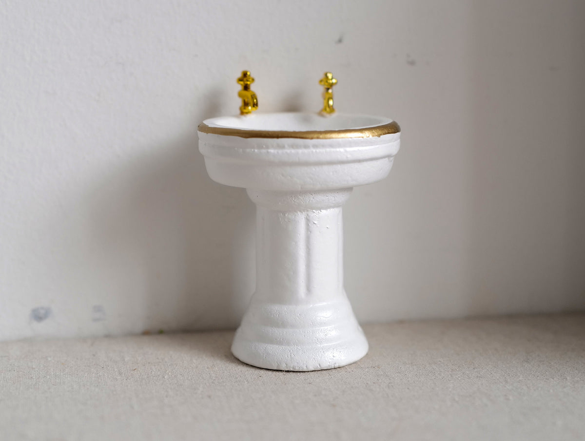 1:12 Scale Miniature Pedestal Sink with Gold Rim and Faucet, 3 inch tall, DIY Dollhouse Supply (wood) (white)