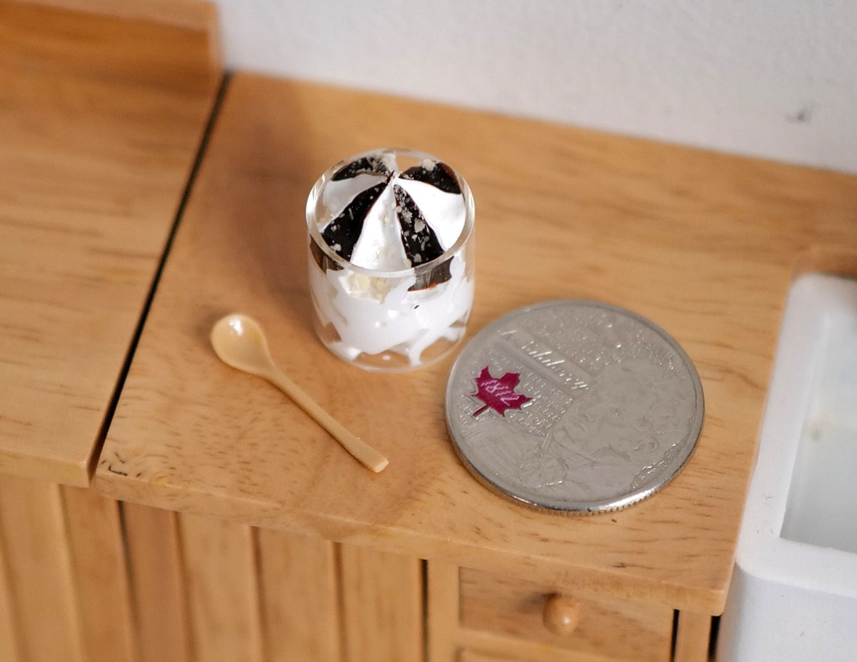1:12 Scale Miniature Chocolate Ice Cream in Glass with Spoon, 9/16 inch tall, DIY Dollhouse Supply