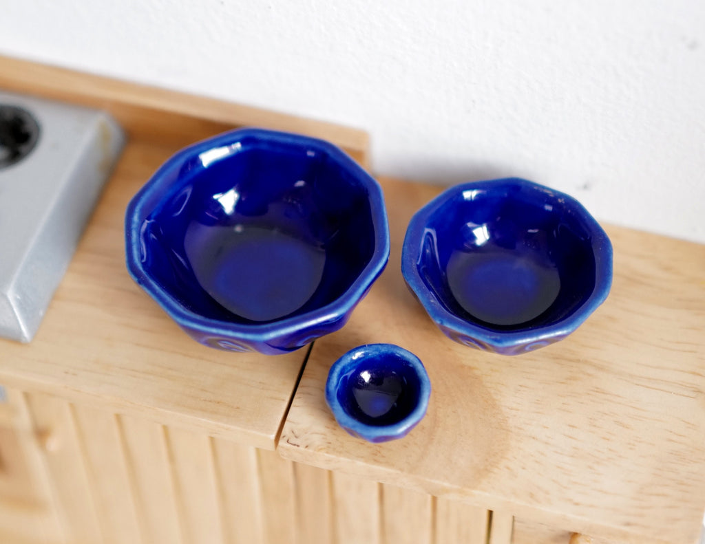 1:12 Scale Miniature Ceramic Bowls, Set of 3, 1-1/2 inch wide, DIY Dollhouse Supply (cobalt blue)