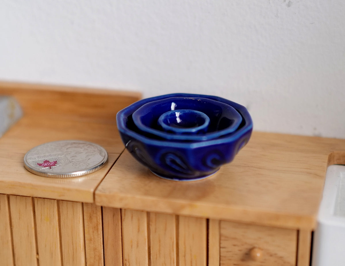 1:12 Scale Miniature Ceramic Bowls, Set of 3, 1-1/2 inch wide, DIY Dollhouse Supply (cobalt blue)