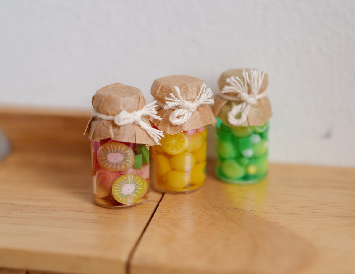 1:12 Scale Miniature Fruit Jam Jars with Tied Lid Covers, Set of 3, 1 inch tall, DIY Dollhouse Supply