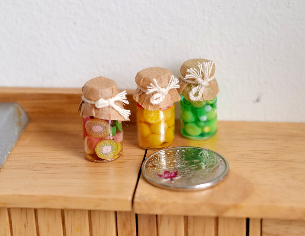 1:12 Scale Miniature Fruit Jam Jars with Tied Lid Covers, Set of 3, 1 inch tall, DIY Dollhouse Supply