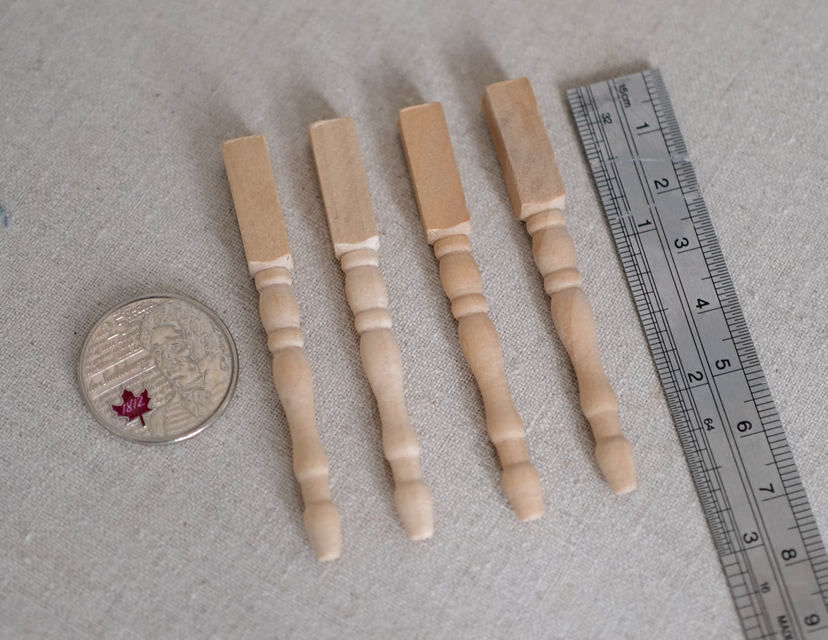 1:12 Scale Miniature Unpainted Turned Wood Posts and Table Legs, Set of 4, 2-5/8 inch tall, DIY Dollhouse Supply