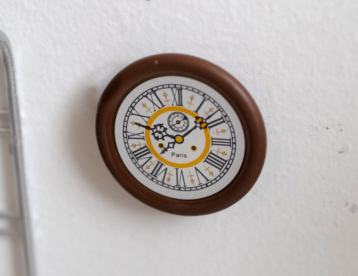 1:12 Scale Miniature Round Wall Clock, Roman Numerals, 1-5/16 inch dia., DIY Dollhouse Supply (dark brown) (non working)