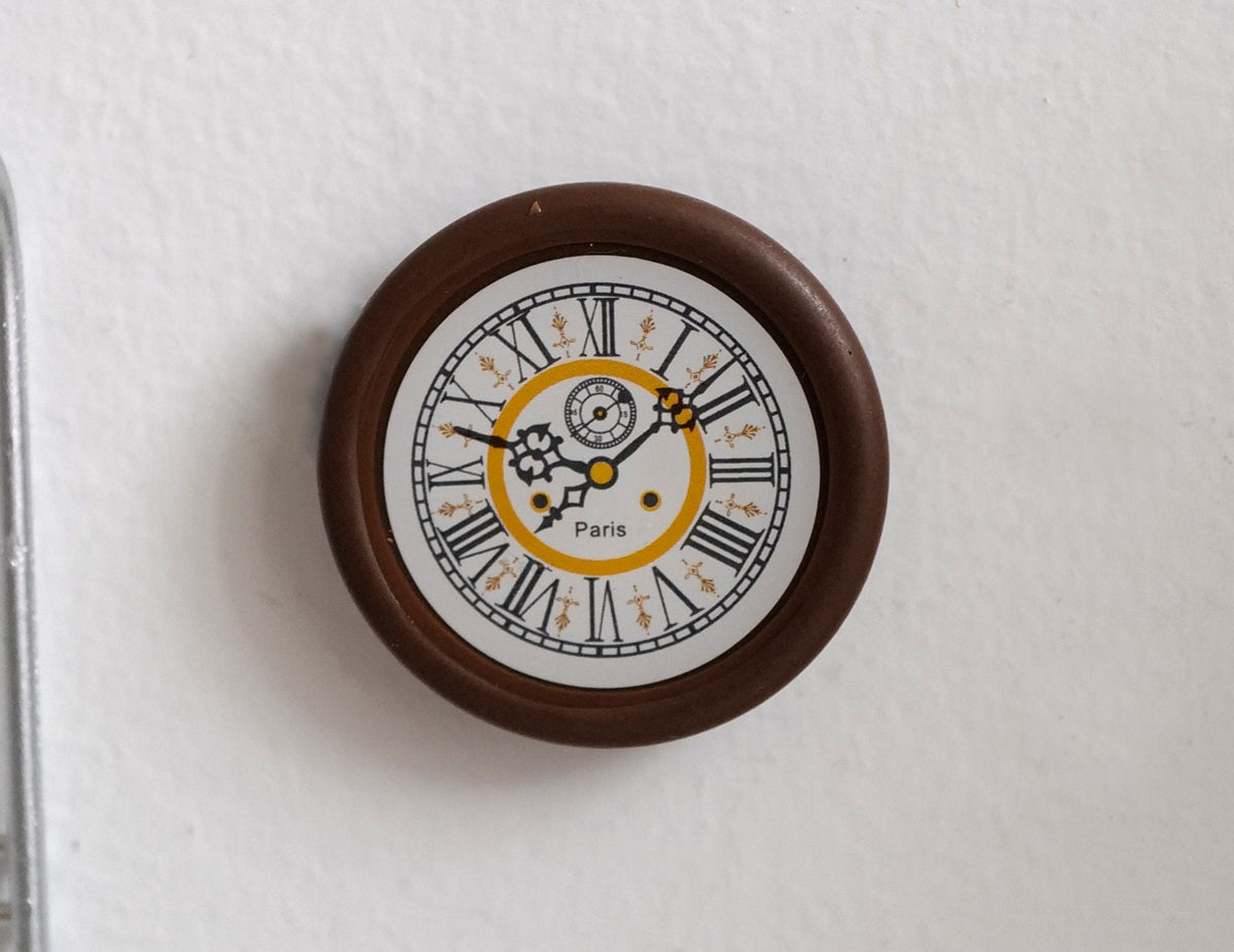 1:12 Scale Miniature Round Wall Clock, Roman Numerals, 1-5/16 inch dia., DIY Dollhouse Supply (dark brown) (non working)