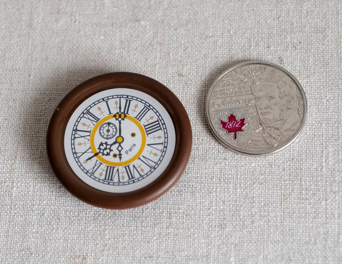 1:12 Scale Miniature Round Wall Clock, Roman Numerals, 1-5/16 inch dia., DIY Dollhouse Supply (dark brown) (non working)