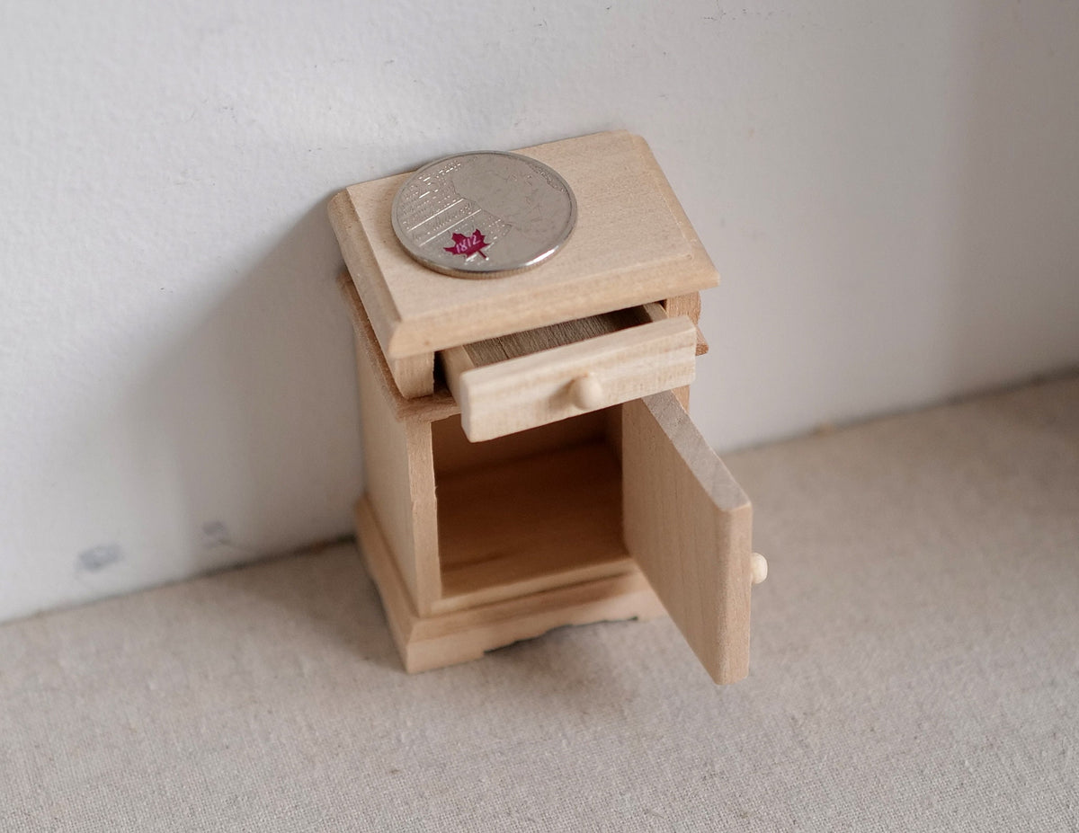 1:12 Scale Miniature Unpainted Wood Nightstand, 1 Drawer and Cupboard Door, 2-1/2 inch tall, DIY Dollhouse Supply