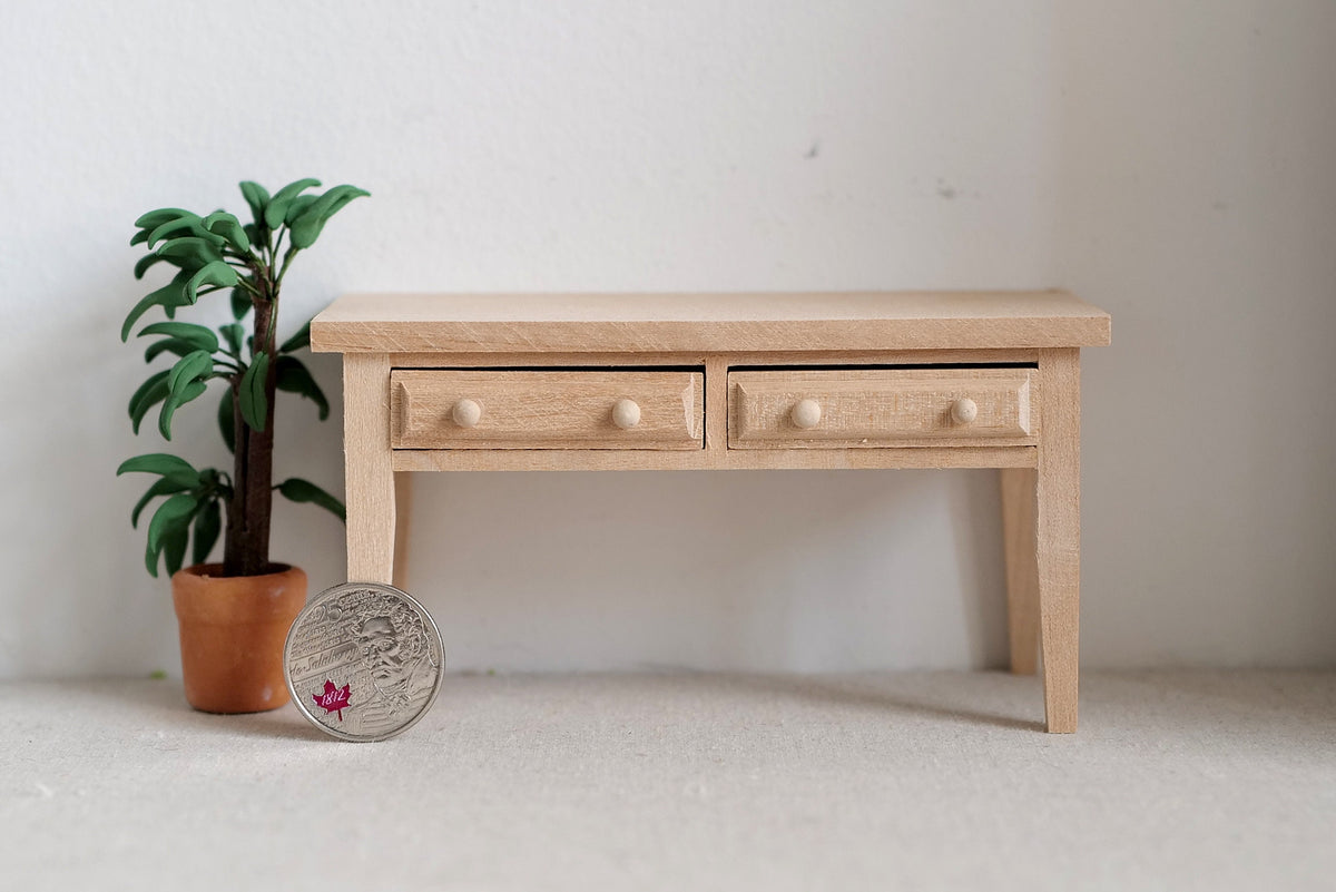 1:12 Scale Miniature Unpainted Wood Desk, 2 Drawers, Back Rail, 4-1/8 inch long, DIY Dollhouse Supply