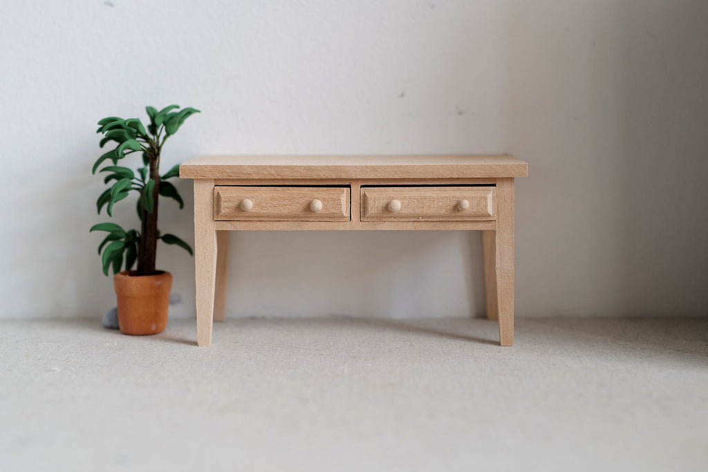 1:12 Scale Miniature Unpainted Wood Desk, 2 Drawers, Back Rail, 4-1/8 inch long, DIY Dollhouse Supply