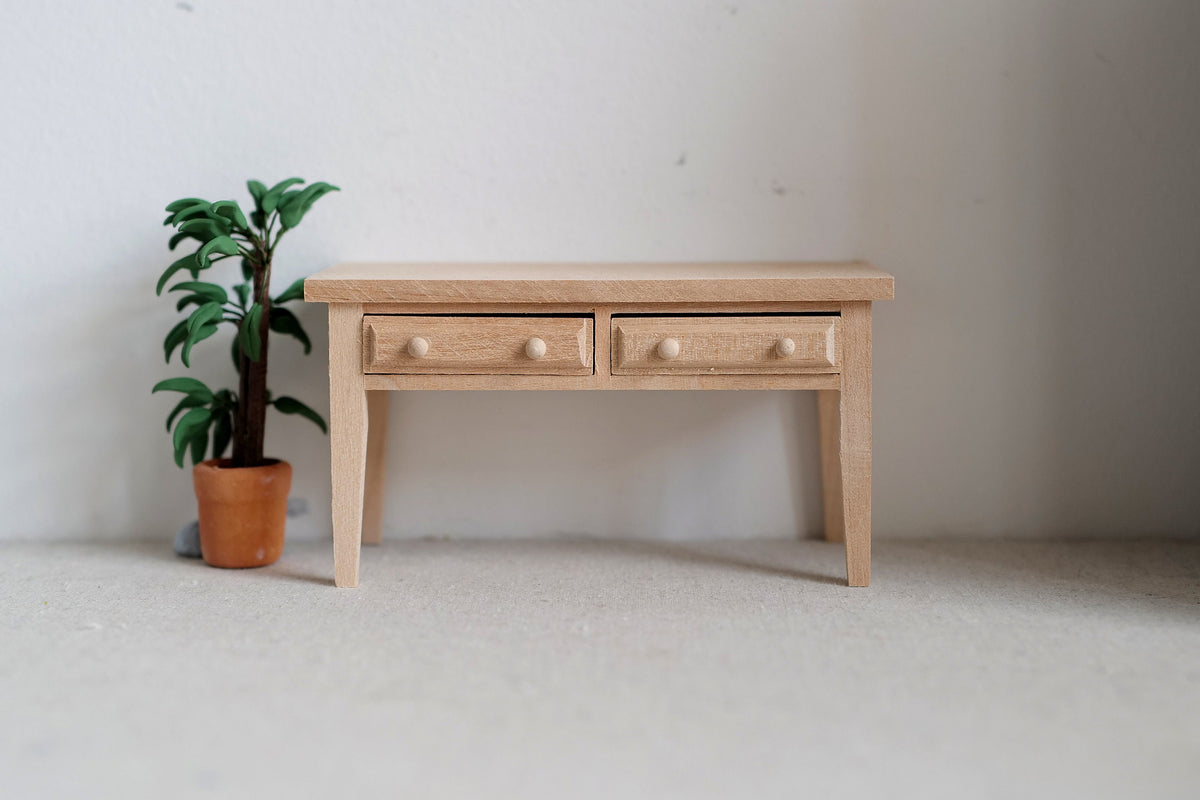 1:12 Scale Miniature Unpainted Wood Desk, 2 Drawers, Back Rail, 4-1/8 inch long, DIY Dollhouse Supply
