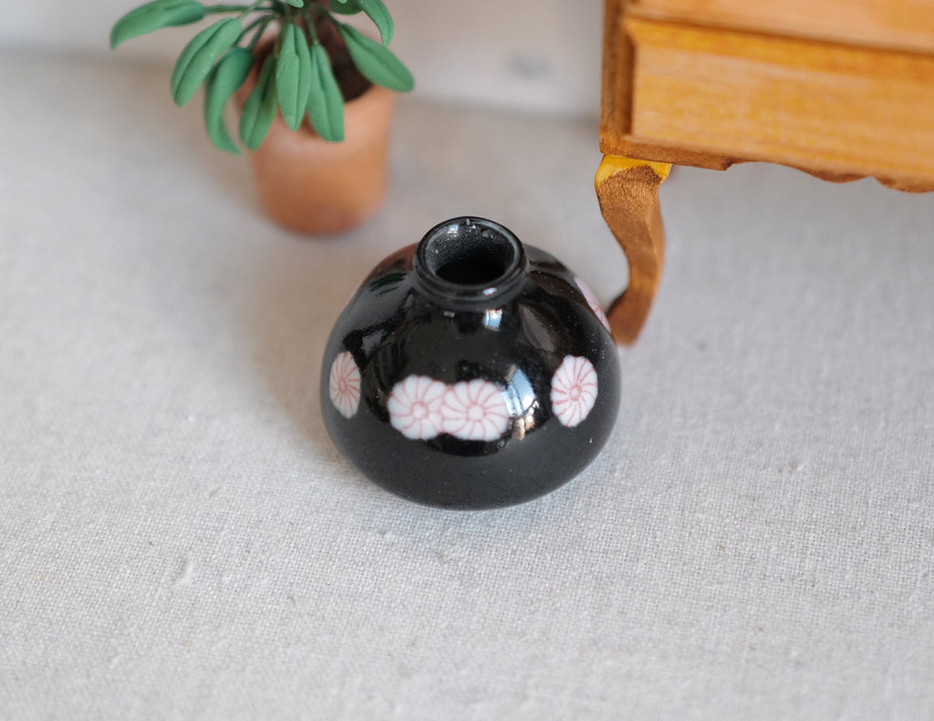 1:12 Scale Miniature Black Ceramic Squat Vase, White and Pink Polka Dots, 1 inch tall, DIY Dollhouse Supply