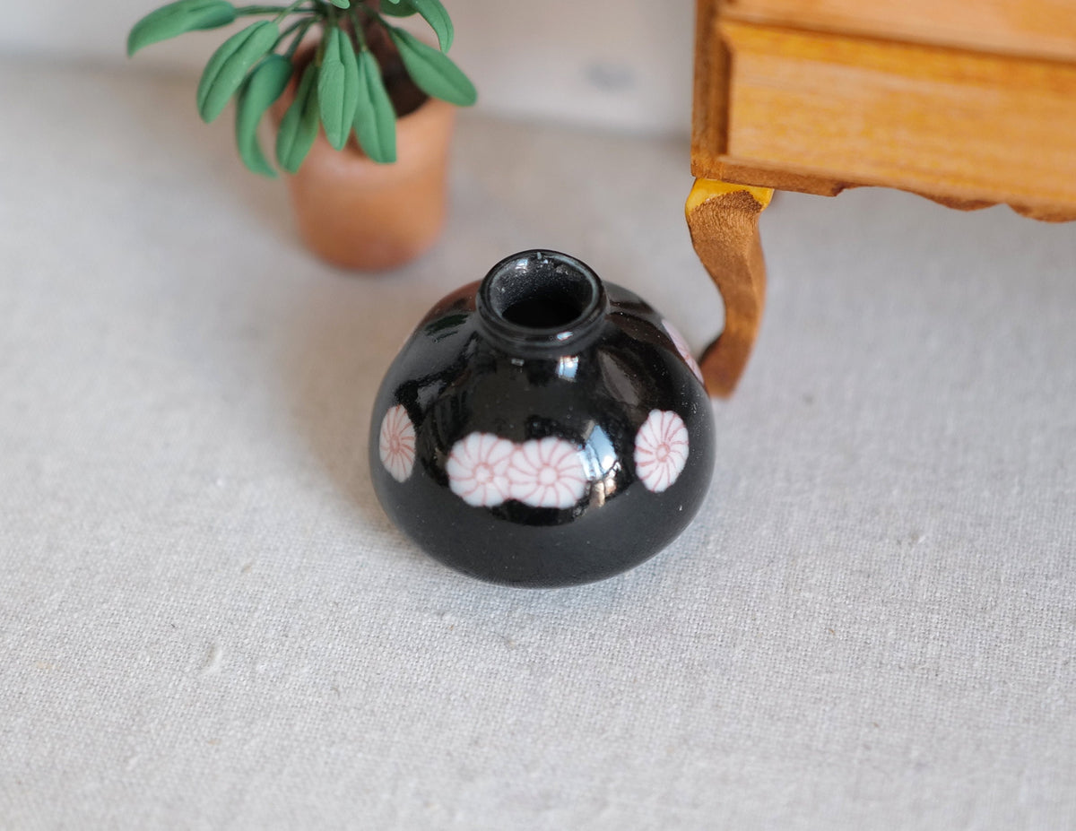 1:12 Scale Miniature Black Ceramic Squat Vase, White and Pink Polka Dots, 1 inch tall, DIY Dollhouse Supply