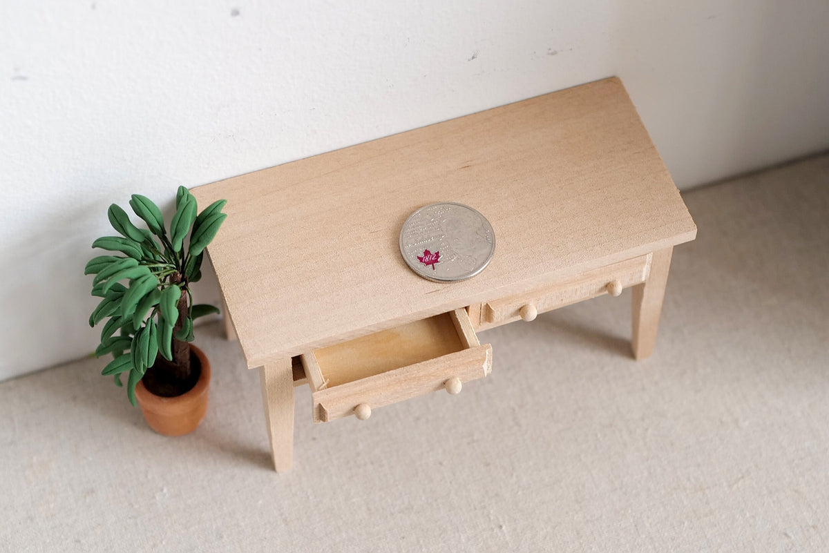 1:12 Scale Miniature Unpainted Wood Desk, 2 Drawers, Back Rail, 4-1/8 inch long, DIY Dollhouse Supply