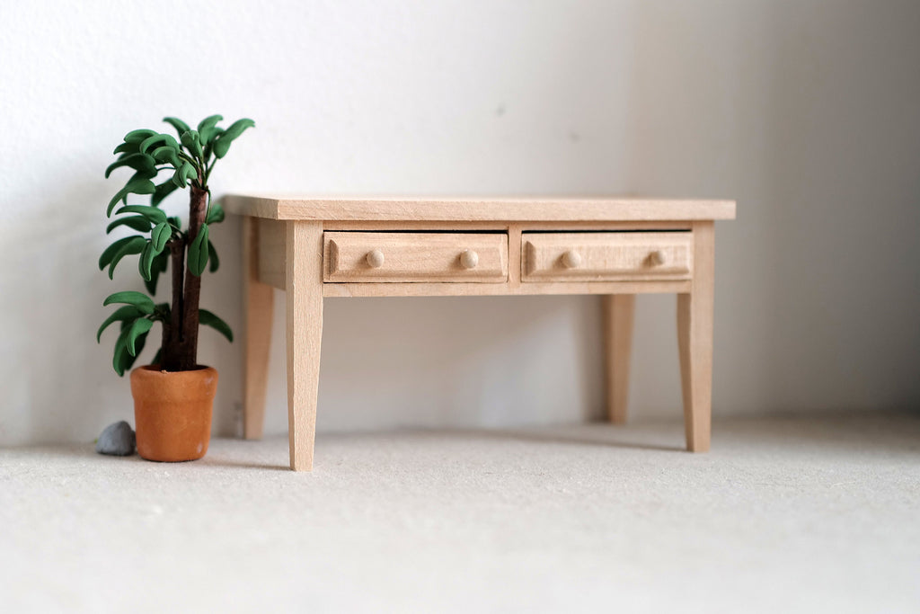 1:12 Scale Miniature Unpainted Wood Desk, 2 Drawers, Back Rail, 4-1/8 inch long, DIY Dollhouse Supply